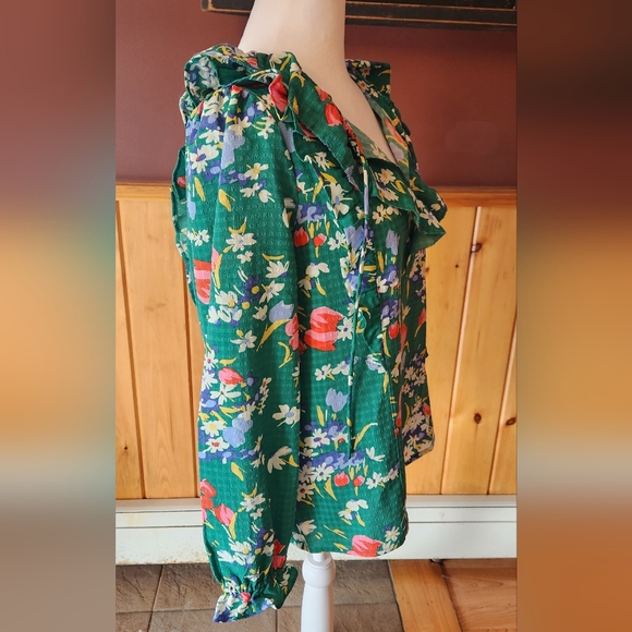 Loft Bouquet Floral Ruffle Tie Neck Top Blouse Green Size Small - Picture 6 of 11